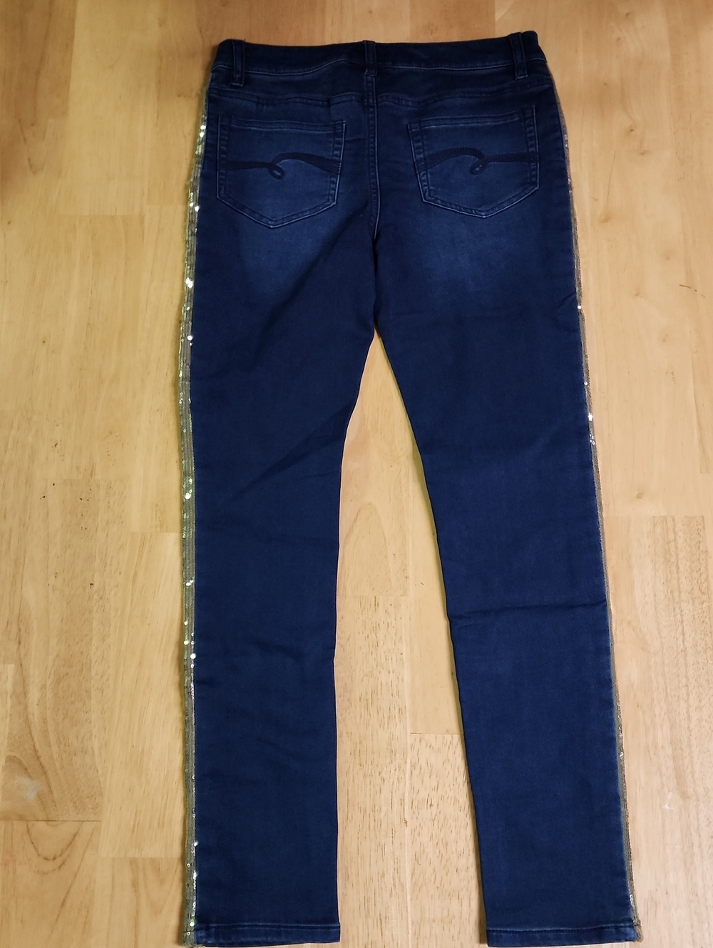 Justice Girls Size 14 Simply Low Jegging Dark Wash Gold Sequin Stripe Jeans EUC - Picture 2 of 9